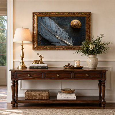 Grey Feather and Brown Snail Shell on Dark Stone Canvas Wall Art
