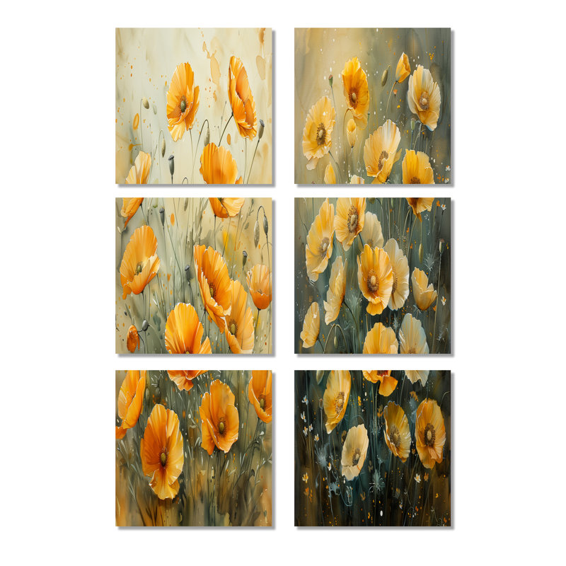 «Yellow Poppies Whispers Of Joy» - ensemble de 6 reproductions d'art mural coquelicots, Toile tendue, Ne s’applique pas