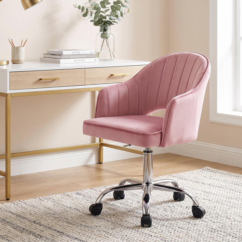 Chaise de bureau moderne rembourrée en velours de 21 po de largeur avec accoudoirs, Rose