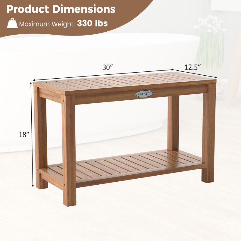 Teak Wood Shower Bench Inside Shower Stool w/ Storage Shelf for Adults, 18" H x 30" W x 12.5" D