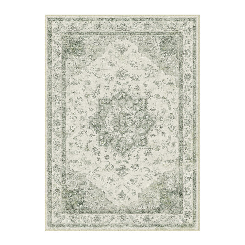 Tapis oriental vert lavable à la machine Stella, Rectangle 5 pi x 7 pi, Vert clair, 0.28"