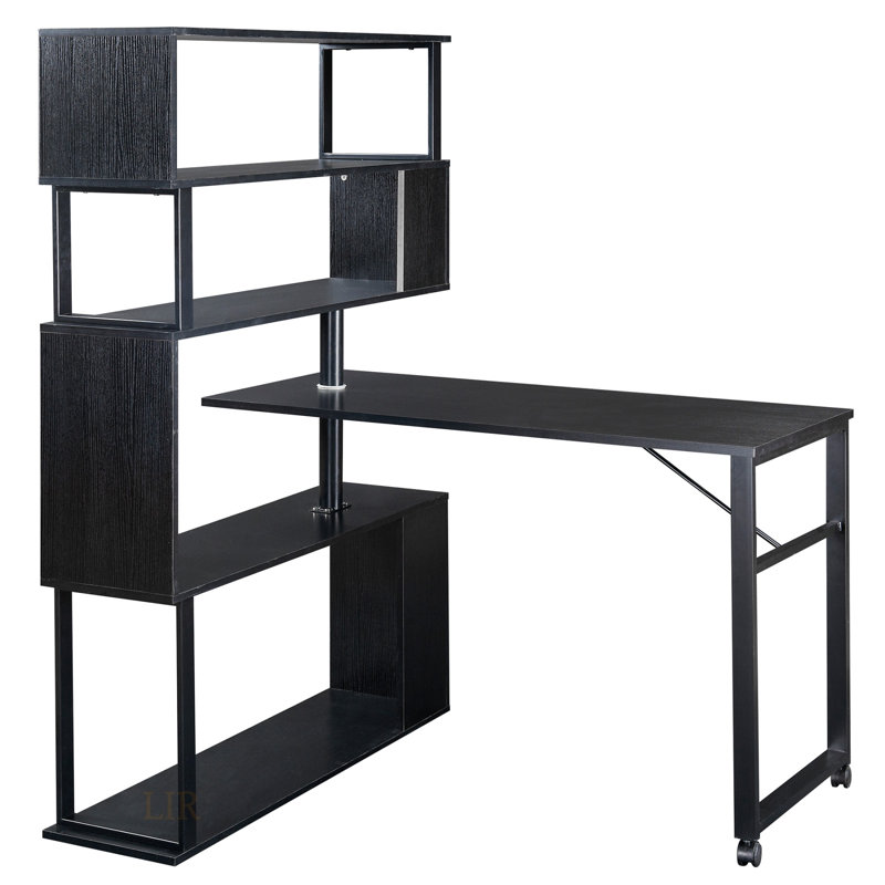 Table de coin en L pour bureau à domicile, rotative avec bibliothèque à 5 niveaux, quatre méthodes d'installation, roulettes verrouillables