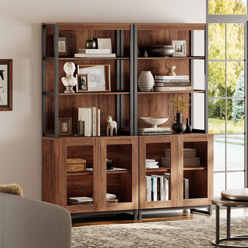 2 PCS Modern 72" Tall Bookcases With Glass Doors And Adjustable Shelves, Library Book Shelf With Storage Cabinet And Open Book Shelfs, Wood Bookshelves For Home Office, Living Room, Brown