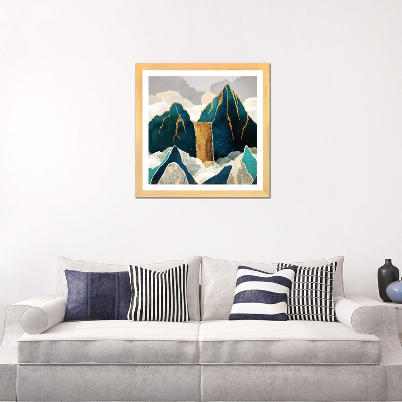 Golden Waterfall - impression d'art graphique, Blanc, H 24 po x l 24 po x p 1 po, Toile avec cadre en bois beige