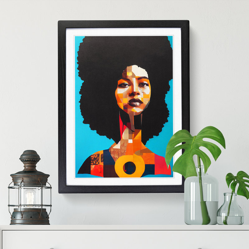 FRM-V0523-2934X Woman With Afro Collage - Single Picture Frame Print, 64cm H x 46cm W x 2cm D, Black