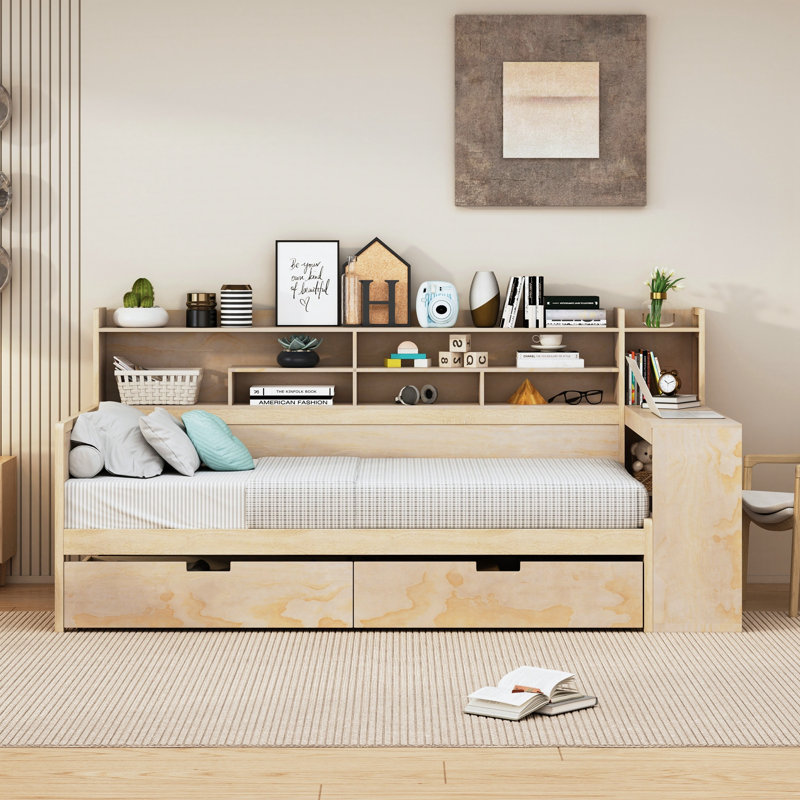 Multi-functional Storage Platform Bed With Desk, Twin, Natural
