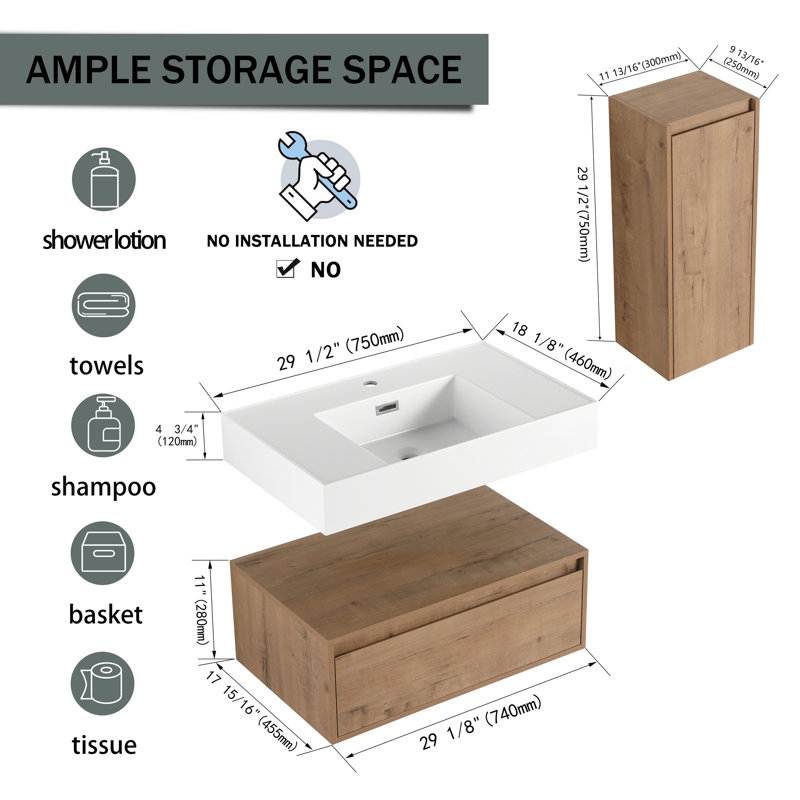 Meuble-lavabo mural 30 po avec lavabo en résine et armoire d'appoint