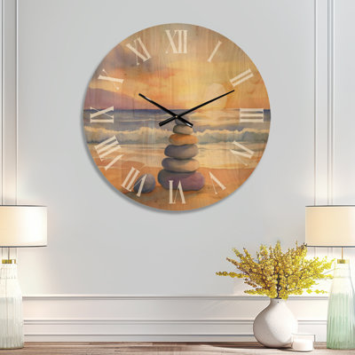 Très grande horloge murale Boho - pile de pierres zen sur le bord de la mer, imprimée sur bois