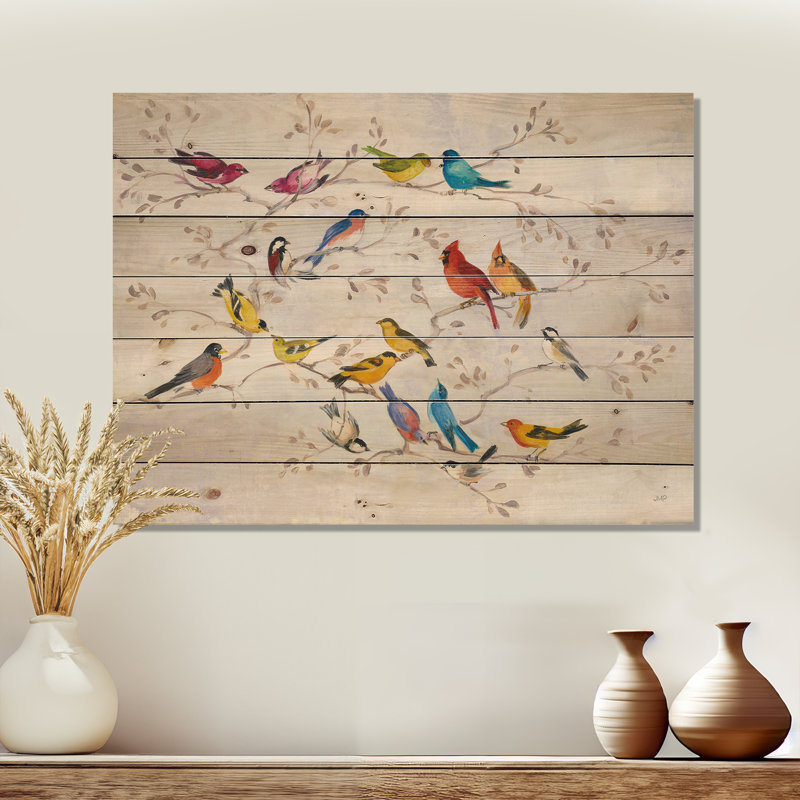 Oiseau multicolore sur arbre - impression de campagne moderne sur bois de pin naturel, H 34 po x l 44 po x P 1,5 po