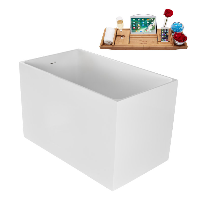 47" Streamline Soaking Acrylic Freestanding Bathtub, Bamboo Tray, Drain, Brushed Brass