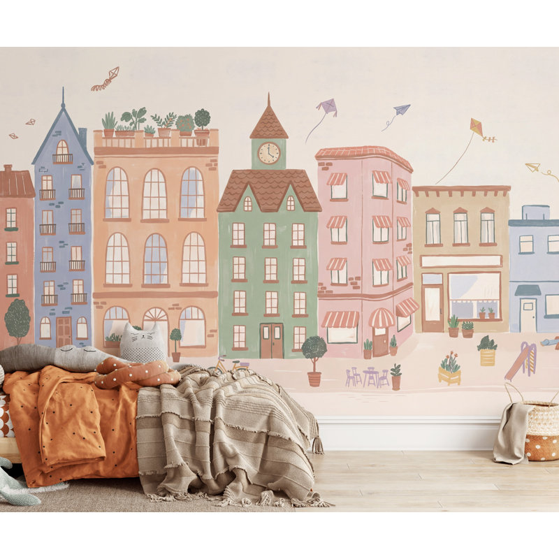 Adhésif mural fantaisiste de bâtiments pastel Whimsical Urban, 100 po x 96 po, Peler et coller