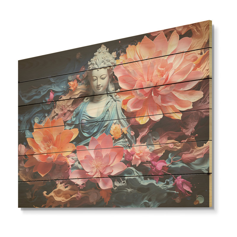 Statue de bouddhisme en fleurs - Art mural sur bois de pin naturel, H 30 po x l 40 po