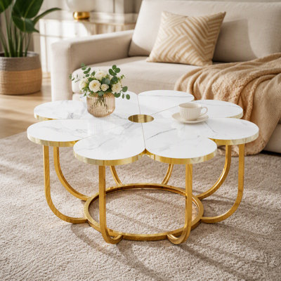 Table basse moderne, centre de table en forme de fleur avec plateau en faux marbre