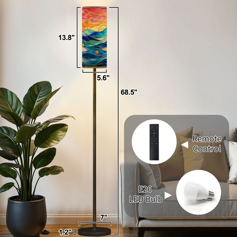 Lampe sur pied moderne à effet vitrail vibrant, motif coucher de soleil étoilé et marin, intensité variable, avec télécommande et interrupteur au pied. Abat-jour sur pied haut, idéal pour le salon, la chambre ou le bureau.