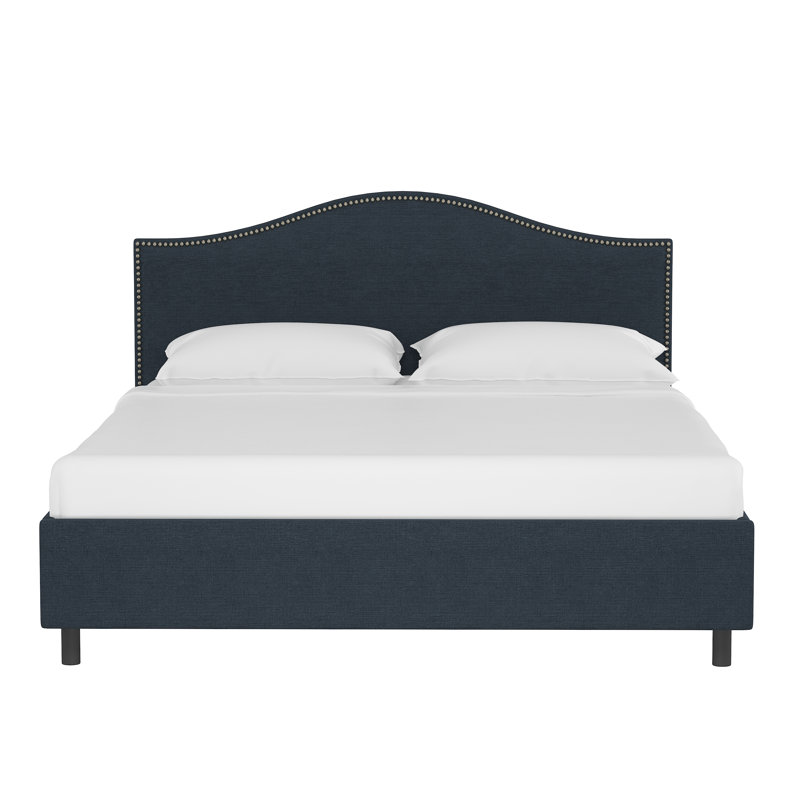 Lit plateforme tapissier Myers, Simple, Lin bleu marine classique