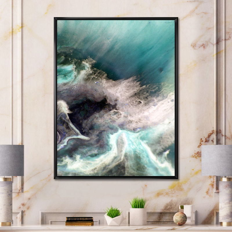 Turquoise liquide Art II - art mural moderne sur toile, H 36 po x l 24 po x P 1 po, Toile avec cadre flottant noir