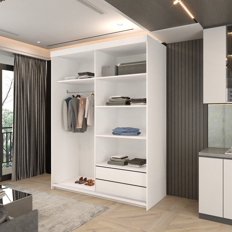 Modern Double Sliding Door Wardrobe in /Grey/Oak/White, White, 217cm H x 150cm W x 62cm D