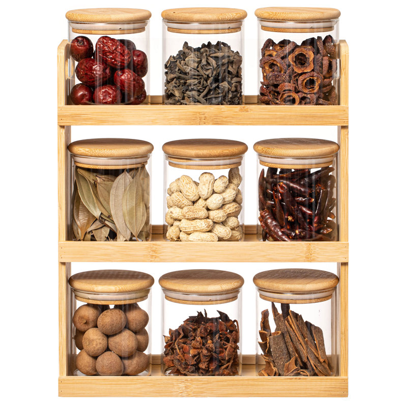 Rebrilliant Versatile 3-tier Bamboo Spice Rack And Pantry Organizer With 9 Glass Jars – Perfect For Countertop Storage In Kitchens To Keep Seasoning Containers Neatly Displayed And Easily Accessible