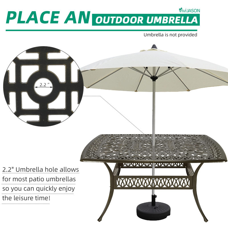 Large Dark Bronze Cast Aluminum Square Patio Dining Table with Umbrella Hole