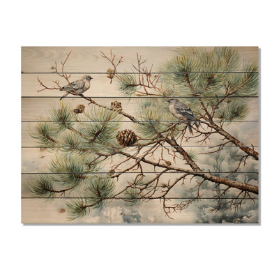 Oiseau sur pin I sur bois