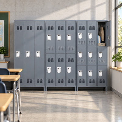 Bizoe 18 Door Metal Locker Set of 3, Locking Storage Cabinet Bundle with 3 Door, 6 Door and 9 Door Units, 72 Inch Tall Gray Gym Lockers with Keyed Cam Locks for School, Office and Break Room
