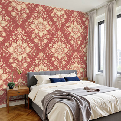 Peel and Stick Wallpaper Floral Diamond Shape Red Wall Murals 100"H x 144"W Removable PVC Wall Paper Self-Adhesive Wall Decor for Bedroom Living Room Home Office