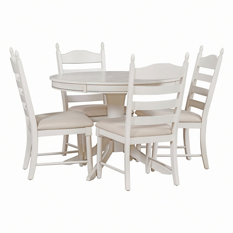 5-Piece Dining Table Set, Round Extendable Dining Table And 4 Upholstered Dining Chairs, Antique White