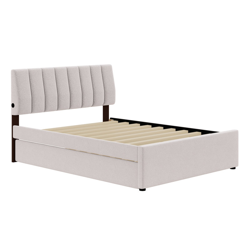 Lit plateforme tapissier avec lit gigogne, Beige