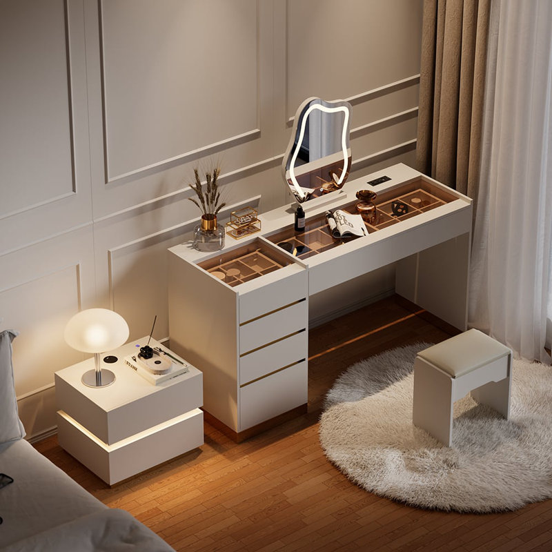 Ensemble de coiffeuse moderne avec miroir lumineux, station de charge et rangement pour bijoux, Blanc