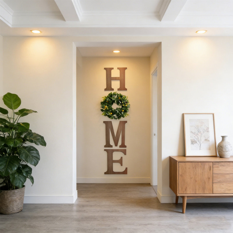 HOME Wood Letters With Artificial Flower Wreath Wall Front Door Decor, Wooden Decorative Sign Modern Farmhouse Decor Flower Garland Decoration Hanging For Entryway, Kitchen, Housewarming Present