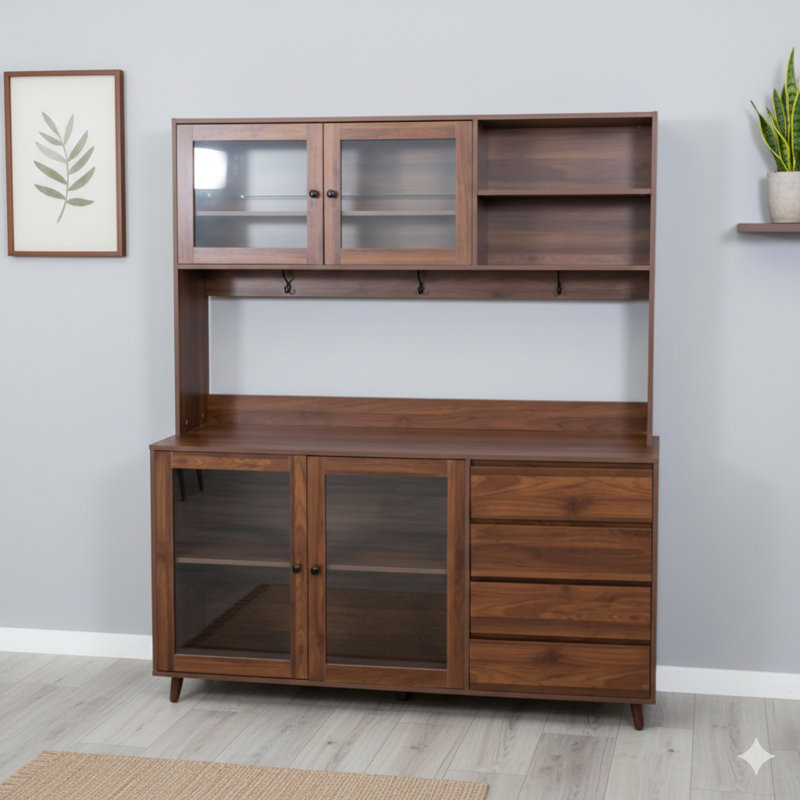 Grande huche de cuisine de 63 pouces de large, armoire de rangement pour garde-manger autonome avec quatre portes, quatre tiroirs et une tablette à micro-ondes, en noyer