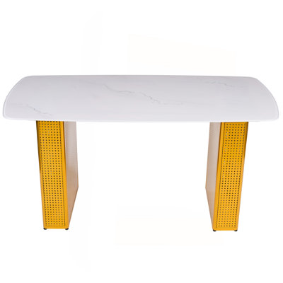 Modern Rectangular Tempered Glass Dining Table, Marble-Patterned Design with Gold Dual-Pedestal Metal Base, Ideal for Dining Room & Home Office