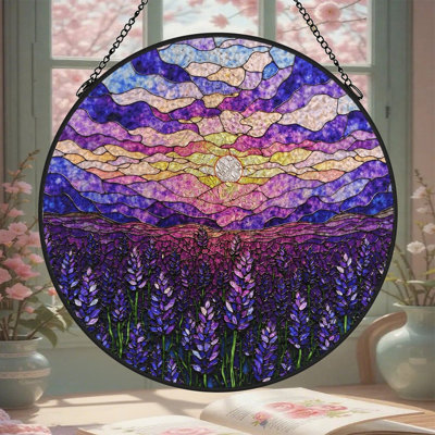Attrape-soleil rond suspendu en vitrail (1 pièce) - Style vitrail (1)_1 avec chaîne en métal, pour la décoration murale et de jardin, idée cadeau originale pour une pendaison de crémaillère ou la fête des mères, usage intérieur et extérieur.