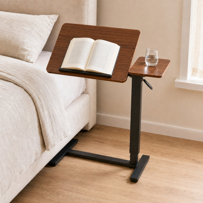 Adjustable Overbed Table With Rolling Wheels - Height Adjustable Tray For Laptop, Bedside Desk With Walnut Finish For Bed & Sofa