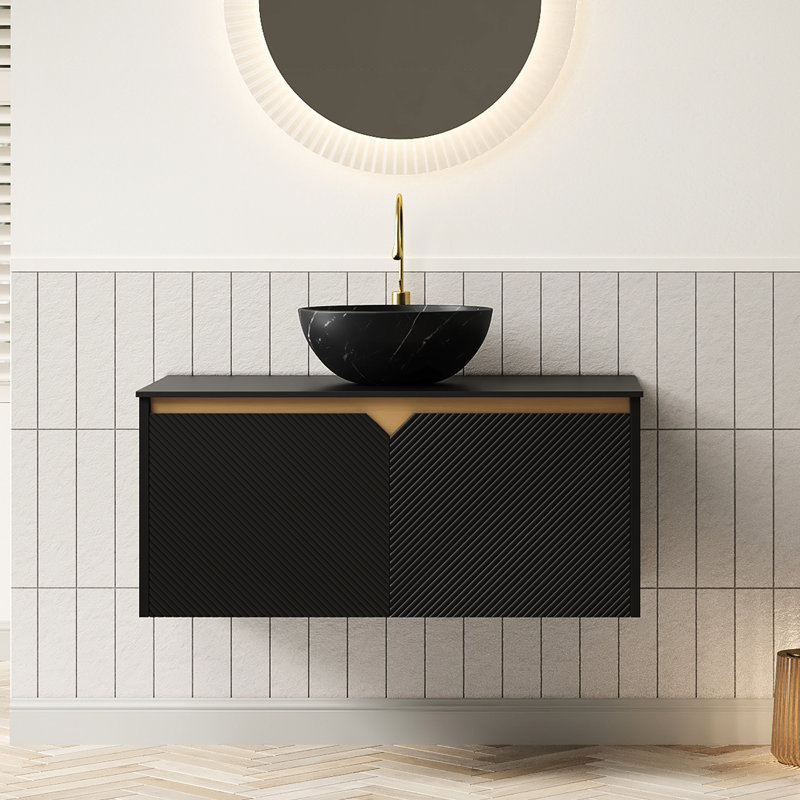 Meuble-lavabo 36 po, armoire en contreplaqué flottant avec portes doubles en sergé avec garniture en métal, cuve en céramique noire avec motif en pierre, plateau en fritté, meuble-lavabo avec système de fermeture en douceur et armoire de rangement, registre