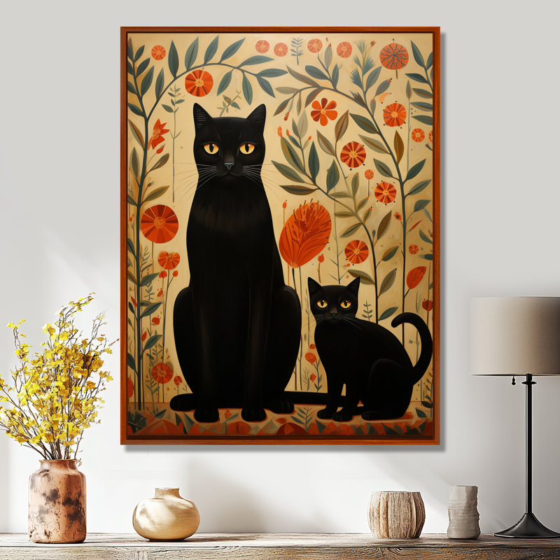 Chat noir, mère et chaton, art floral rétro, salon mural, Toile brune avec cadre flottant, H 32 po x l 24 po