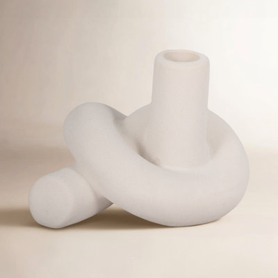 6-Inch Textured Knot Taper Holder - White Stoneware Candle - 6" x 5" x 4"