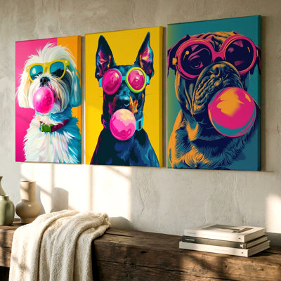 Ensemble de 3 pièces vibrantes avec des chiens ludiques avec lunettes de soleil et gomme à bulles, trois pièces d'art mural pour le salon, la chambre à coucher et le bureau