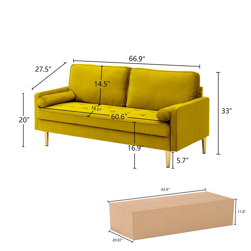 Velvet  Sofa 65 inch, Yellow