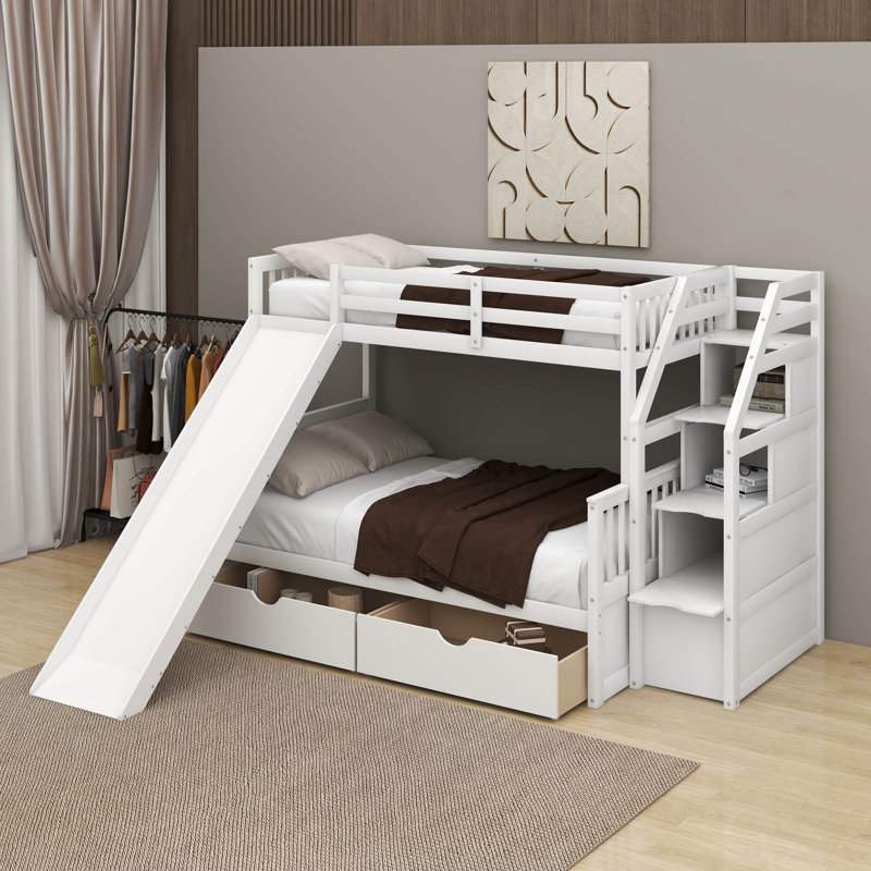 Twin Over Full Bunk Bed With Drawers And Slide, White