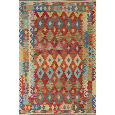 Tapis oriental multicolore en laine Kilim 6 x 8