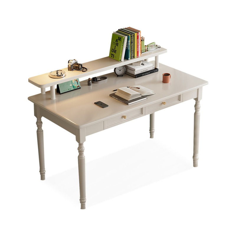 Bureau en bois massif de style américain avec une tablette et des tiroirs, H 29,53 po x l 55,12 po x P 23,62 po, Blanc