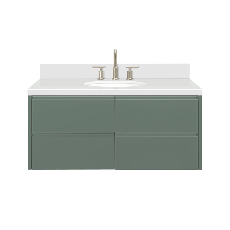   Ensemble de meuble-lavabo mural ovale simple 49 po avec comptoir à quartz blanc de 1,5 po Ensembles, Ovale, Vert rétro