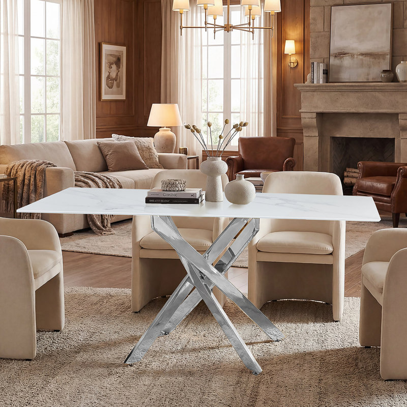 Modern Rectangular Tempered Glass Table And Silver Iron Frame