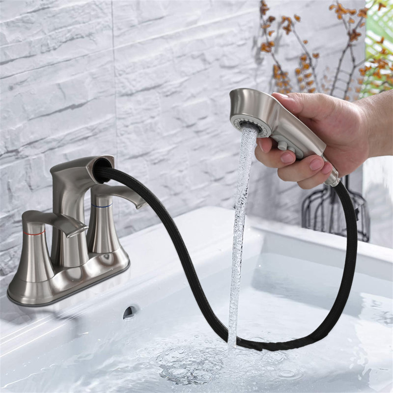 Bathroom Faucet With Pull Out Sprayer, 2 Handle 4 Inch Faucet Utility Sink Faucet, Brushed Nickel