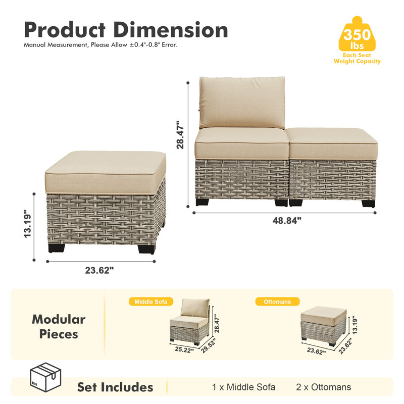 3-Piece Armless Outdoor Pe Wicker Patio Chair Set With 2 Multifunctional Ottomans And Cushions, Beige