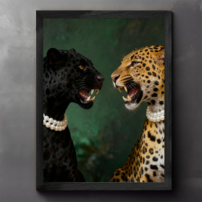 Reproduction encadrée noire de panthère noire et de léopard, H 37 po x l 25 po