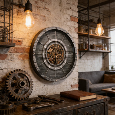 Large Wall Clock With Moving Gears, 36 Inch Vintage Rustic Wood Wall Clock For Living Room, Farmhouse, Office Decor, Roman Numeral Silent Non-Ticking Clock