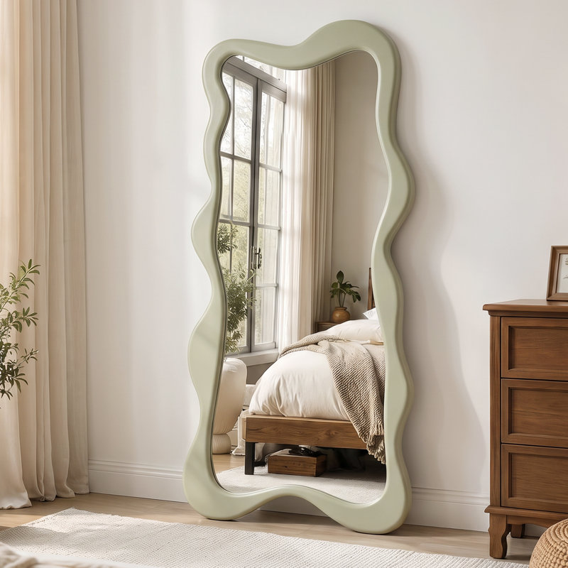 Wavy Irregular Full Length Floor Mirror, Soft Sage Green Curved Frame Standing Mirror