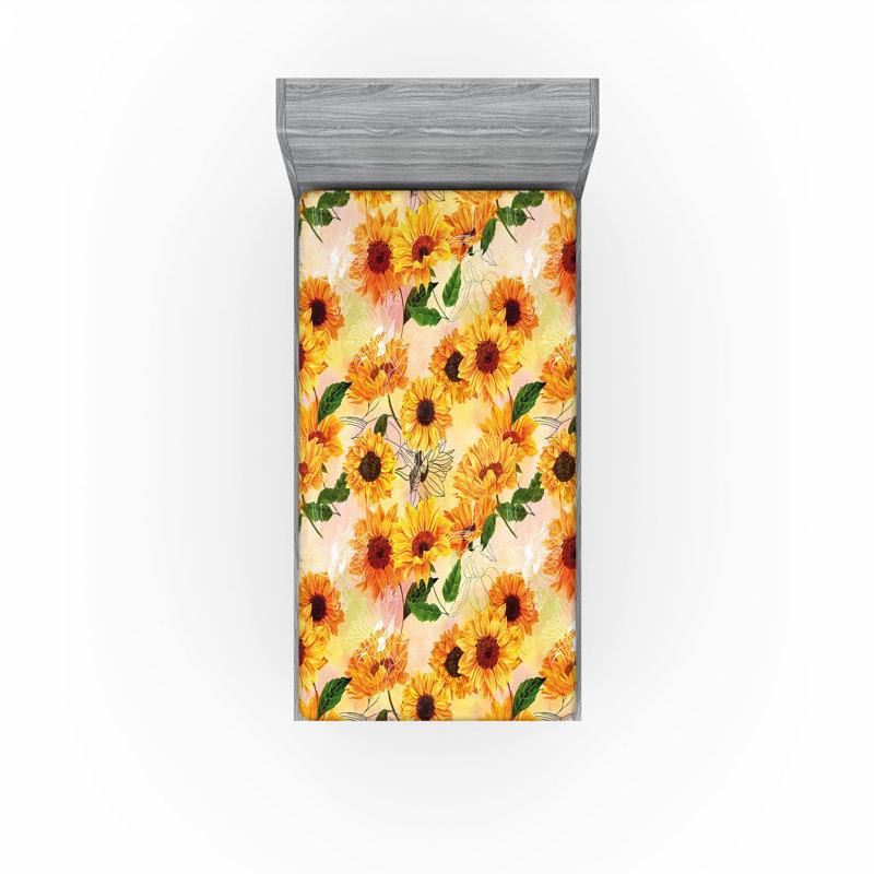 Drap-housse Ambesonne, Drap-housse de taille simple, Jaune souci et paprika / motif floral blanc